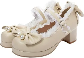 LUXMAX Women Kawaii Mid Block Heel Mary Jane Rockabilly Pumps with Bow Platform Chunky Heel Cute Sweet Shoes