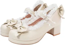 LUXMAX Women Kawaii Mid Block Heel Mary Jane Rockabilly Pumps with Bow Platform Chunky Heel Cute Sweet Shoes