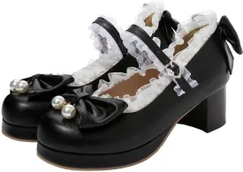 LUXMAX Women Kawaii Mid Block Heel Mary Jane Rockabilly Pumps with Bow Platform Chunky Heel Cute Sweet Shoes