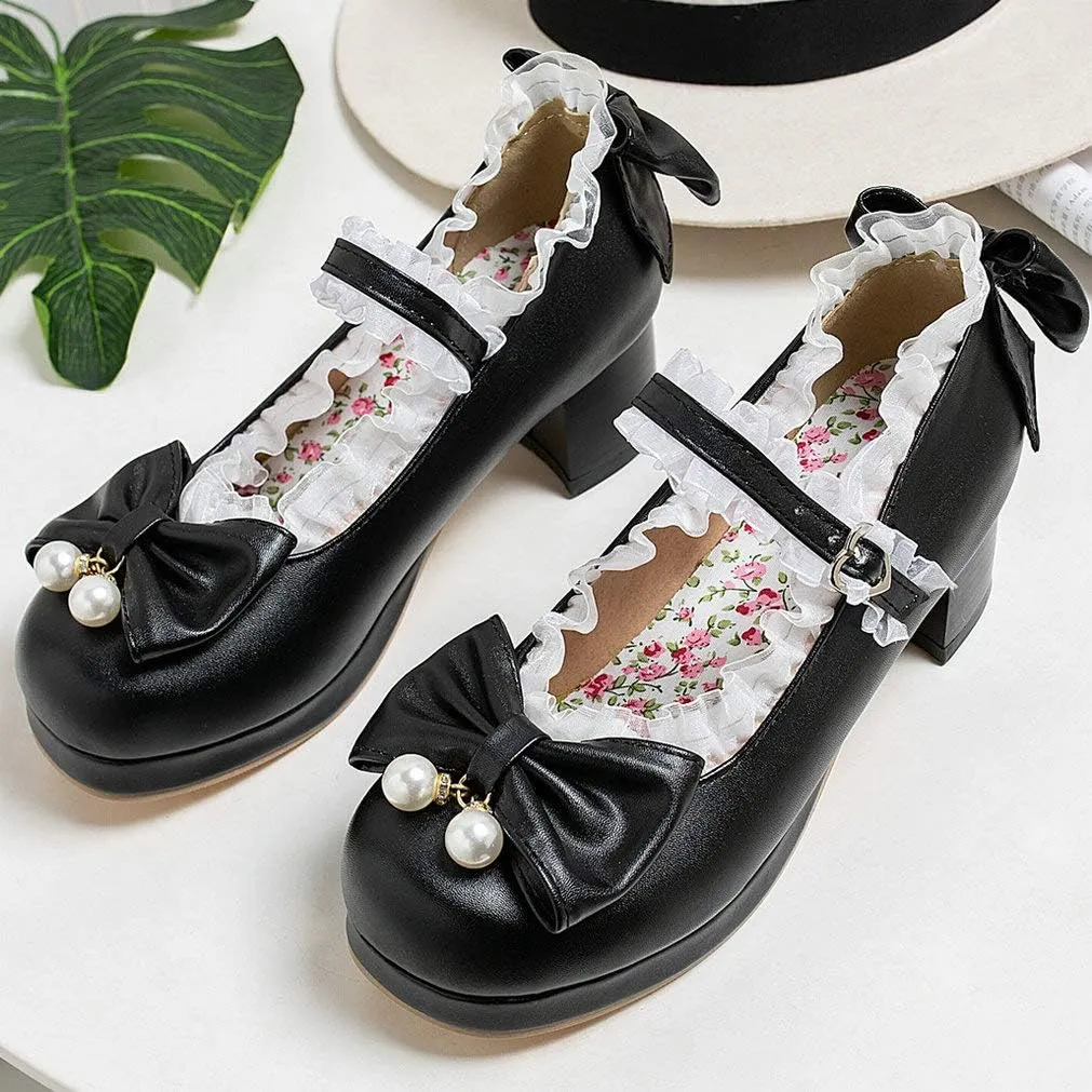 LUXMAX Women Kawaii Mid Block Heel Mary Jane Rockabilly Pumps with Bow Platform Chunky Heel Cute Sweet Shoes