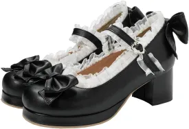 LUXMAX Women Kawaii Mid Block Heel Mary Jane Rockabilly Pumps with Bow Platform Chunky Heel Cute Sweet Shoes