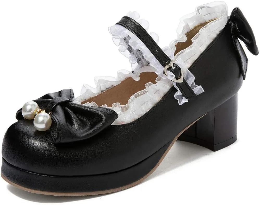 LUXMAX Women Kawaii Mid Block Heel Mary Jane Rockabilly Pumps with Bow Platform Chunky Heel Cute Sweet Shoes