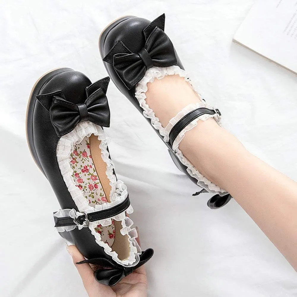 LUXMAX Women Kawaii Mid Block Heel Mary Jane Rockabilly Pumps with Bow Platform Chunky Heel Cute Sweet Shoes