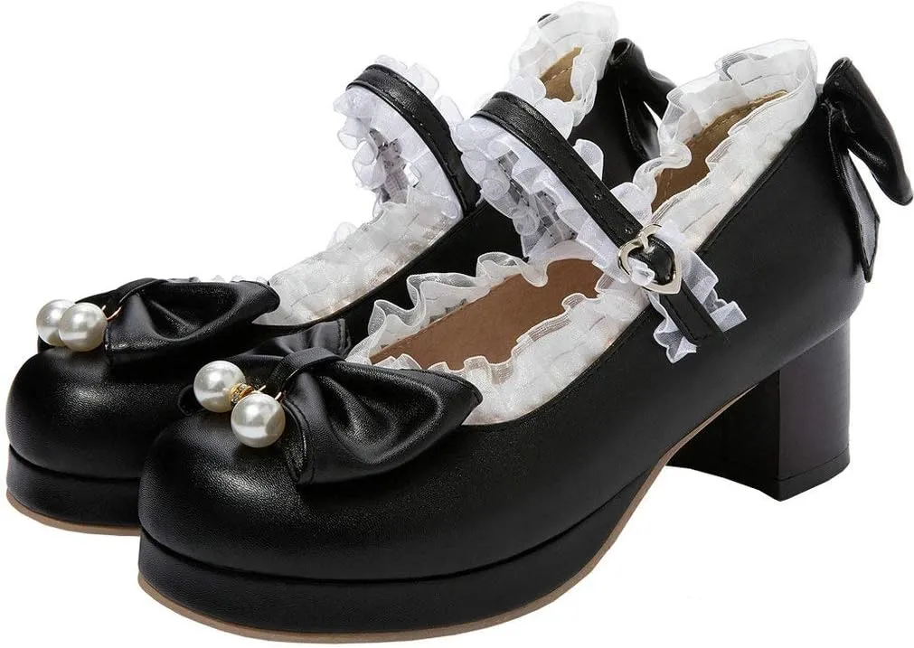 LUXMAX Women Kawaii Mid Block Heel Mary Jane Rockabilly Pumps with Bow Platform Chunky Heel Cute Sweet Shoes