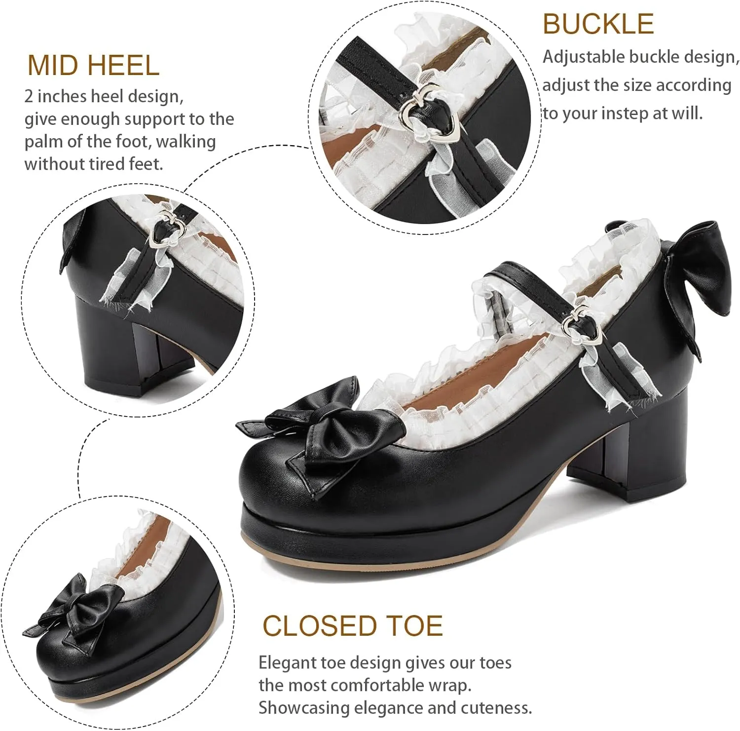 LUXMAX Women Kawaii Mid Block Heel Mary Jane Rockabilly Pumps with Bow Platform Chunky Heel Cute Sweet Shoes