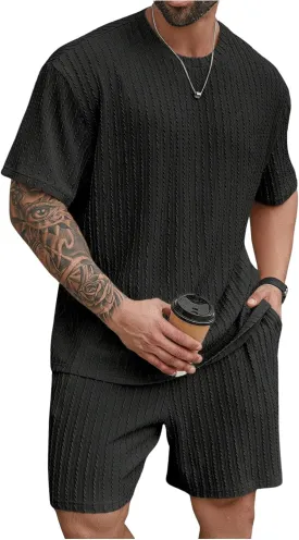 Men's 2 Piece Outfits Textured Drop Shoulder T Shirt and Short Sets Summer Outfits Tracksuit