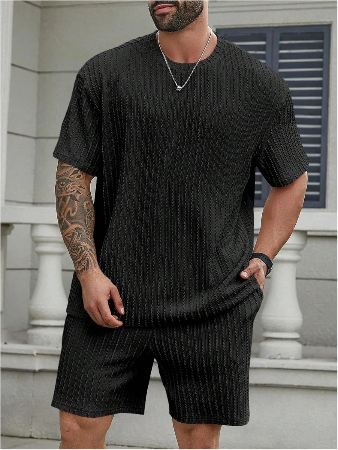 Men's 2 Piece Outfits Textured Drop Shoulder T Shirt and Short Sets Summer Outfits Tracksuit
