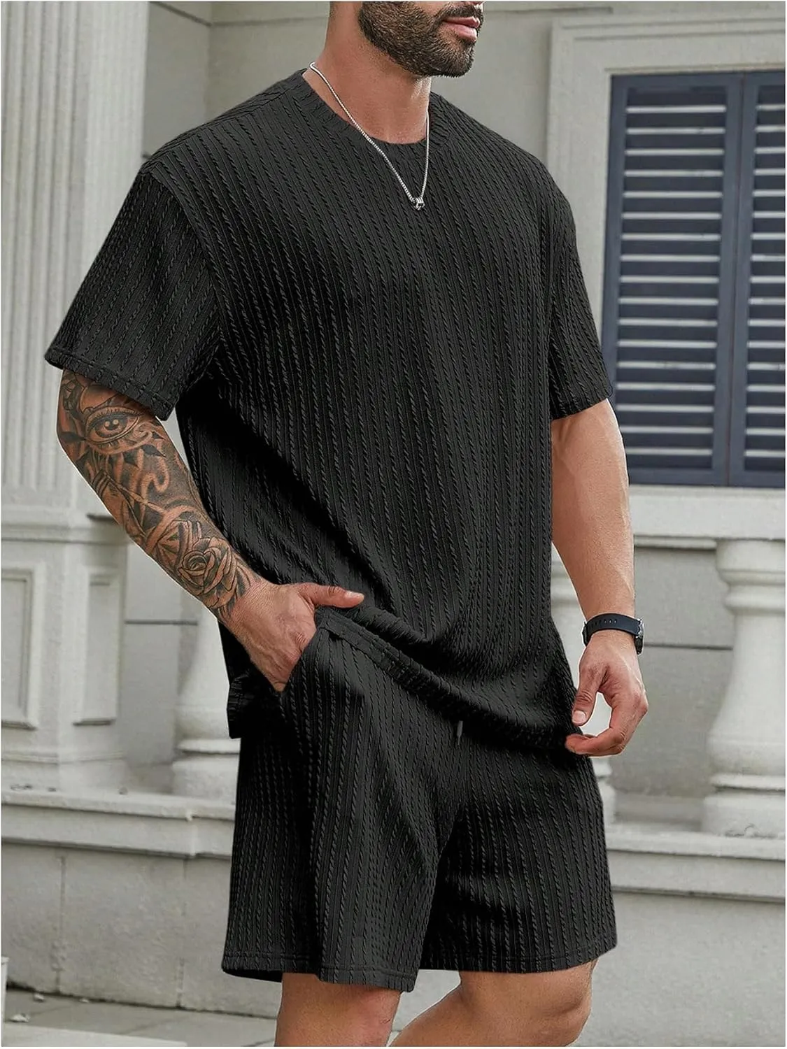 Men's 2 Piece Outfits Textured Drop Shoulder T Shirt and Short Sets Summer Outfits Tracksuit