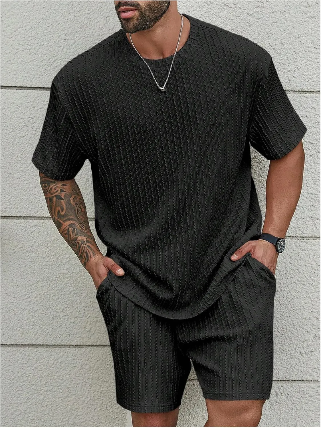 Men's 2 Piece Outfits Textured Drop Shoulder T Shirt and Short Sets Summer Outfits Tracksuit