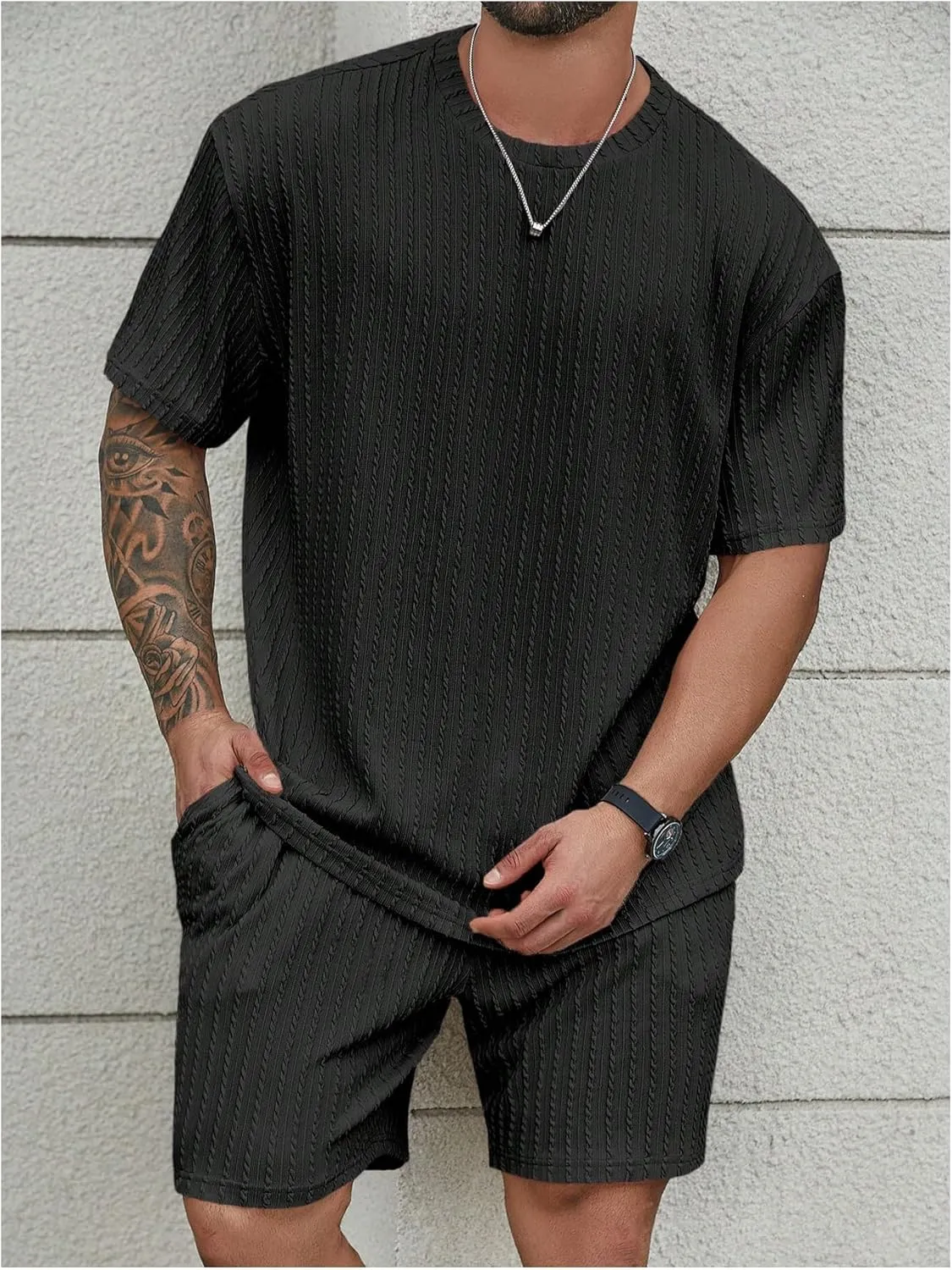 Men's 2 Piece Outfits Textured Drop Shoulder T Shirt and Short Sets Summer Outfits Tracksuit