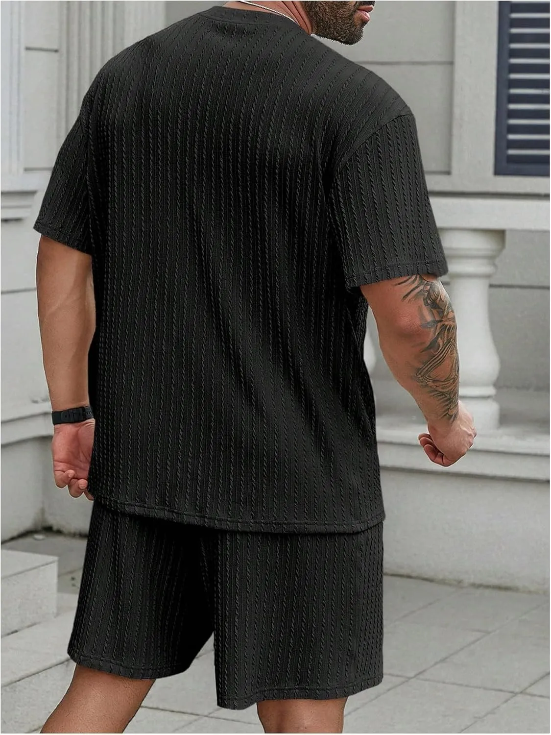 Men's 2 Piece Outfits Textured Drop Shoulder T Shirt and Short Sets Summer Outfits Tracksuit