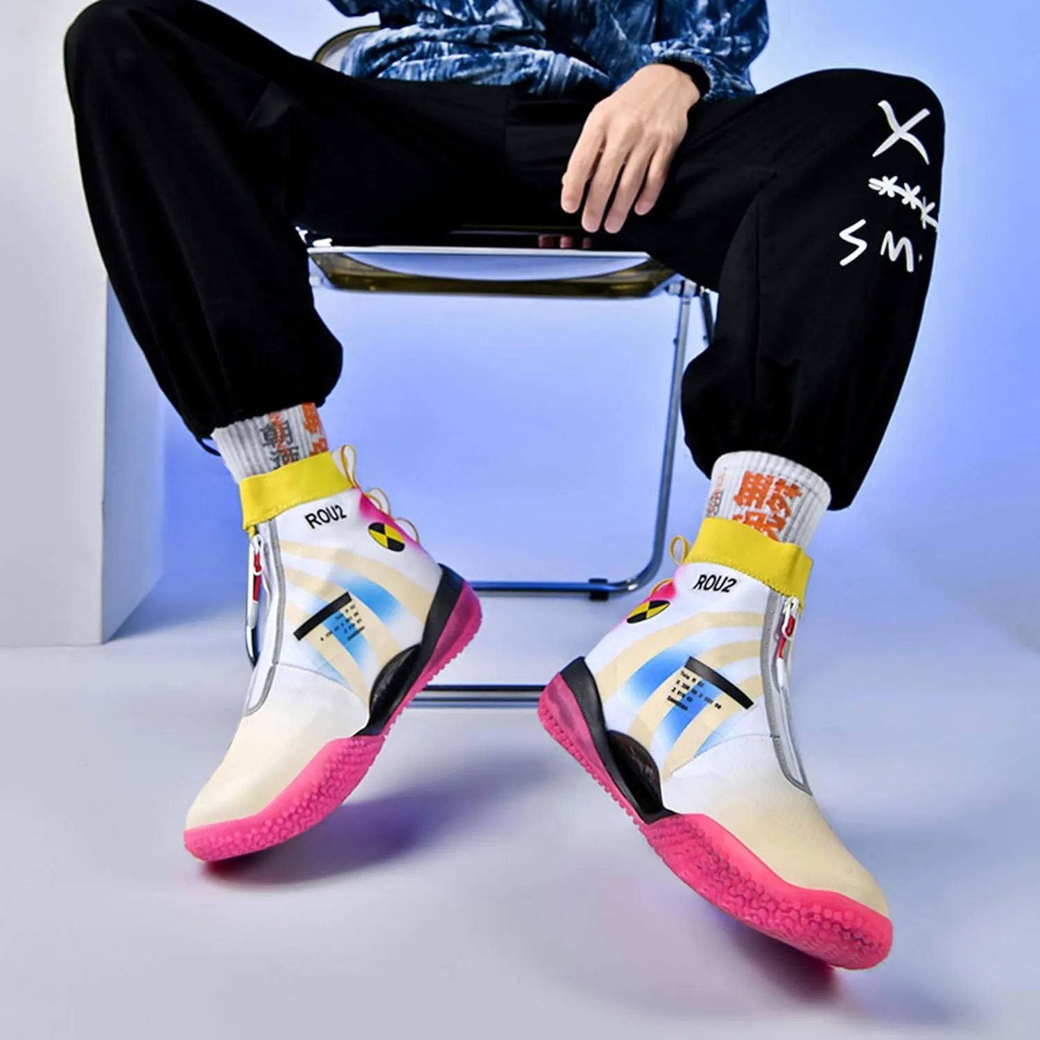 Mens and Womens High Top Buckle Closed Basketball Sneakers Comfortable Breathable Casual Walking Shoes High Elasticity Running Shoes Tennis Shoes Tennis Competition Shoes Non Slip High Jump Sneakers