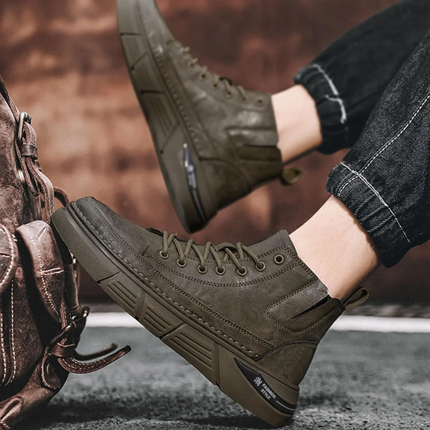 Men's Casual Italian High-top Leather Boots Outdoor Lace-up Shock-absorbing Softsole Business Dress Booties Waterproof Non-Slip Chukka Walking Ankle Boots
