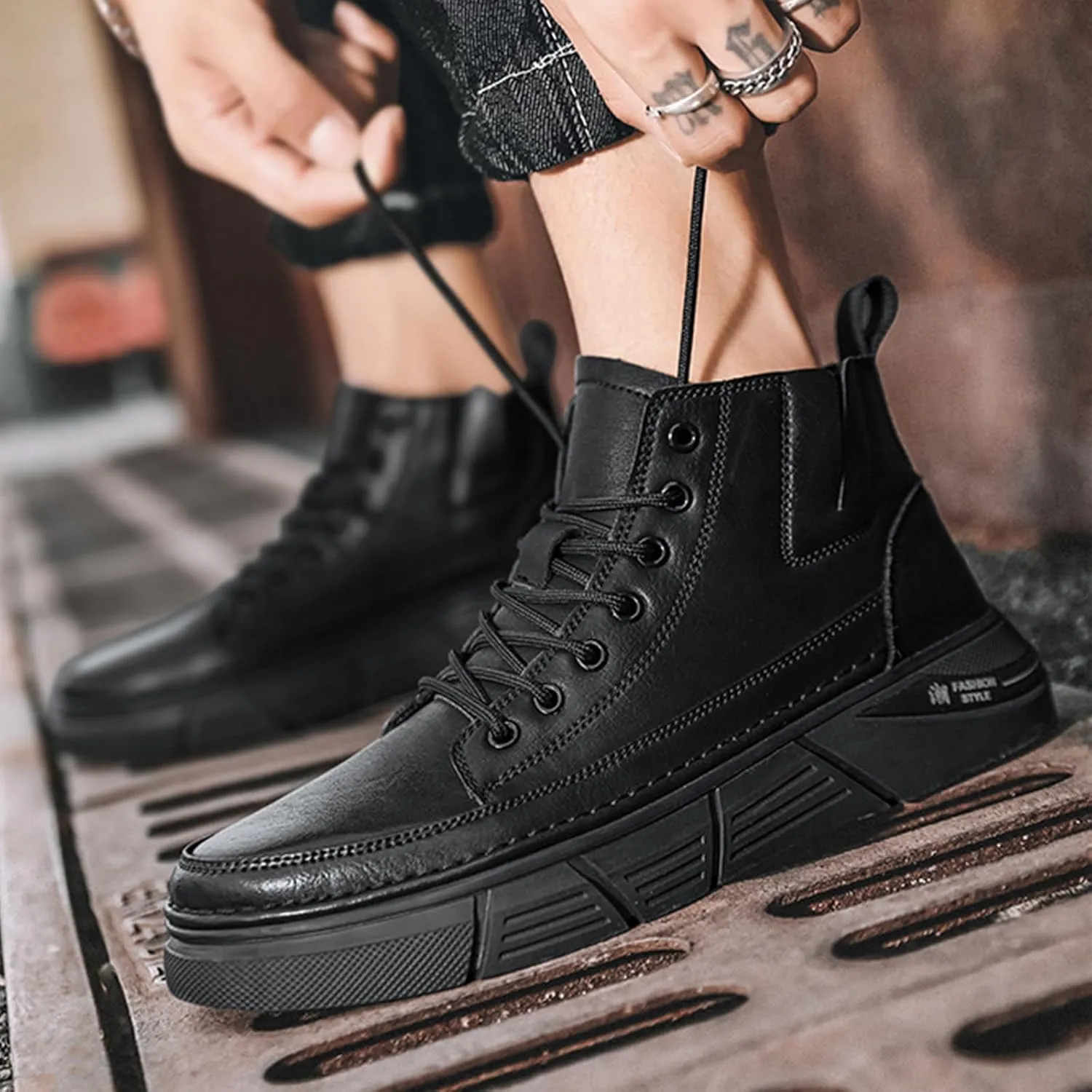 Men's Casual Italian High-top Leather Boots Outdoor Lace-up Shock-absorbing Softsole Business Dress Booties Waterproof Non-Slip Chukka Walking Ankle Boots