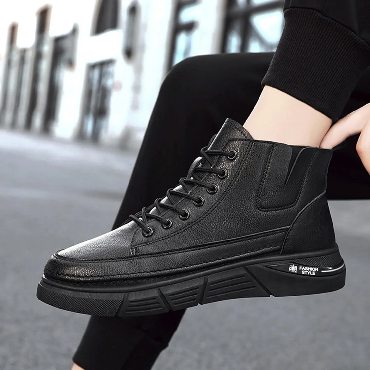 Men's Casual Italian High-top Leather Boots Outdoor Lace-up Shock-absorbing Softsole Business Dress Booties Waterproof Non-Slip Chukka Walking Ankle Boots