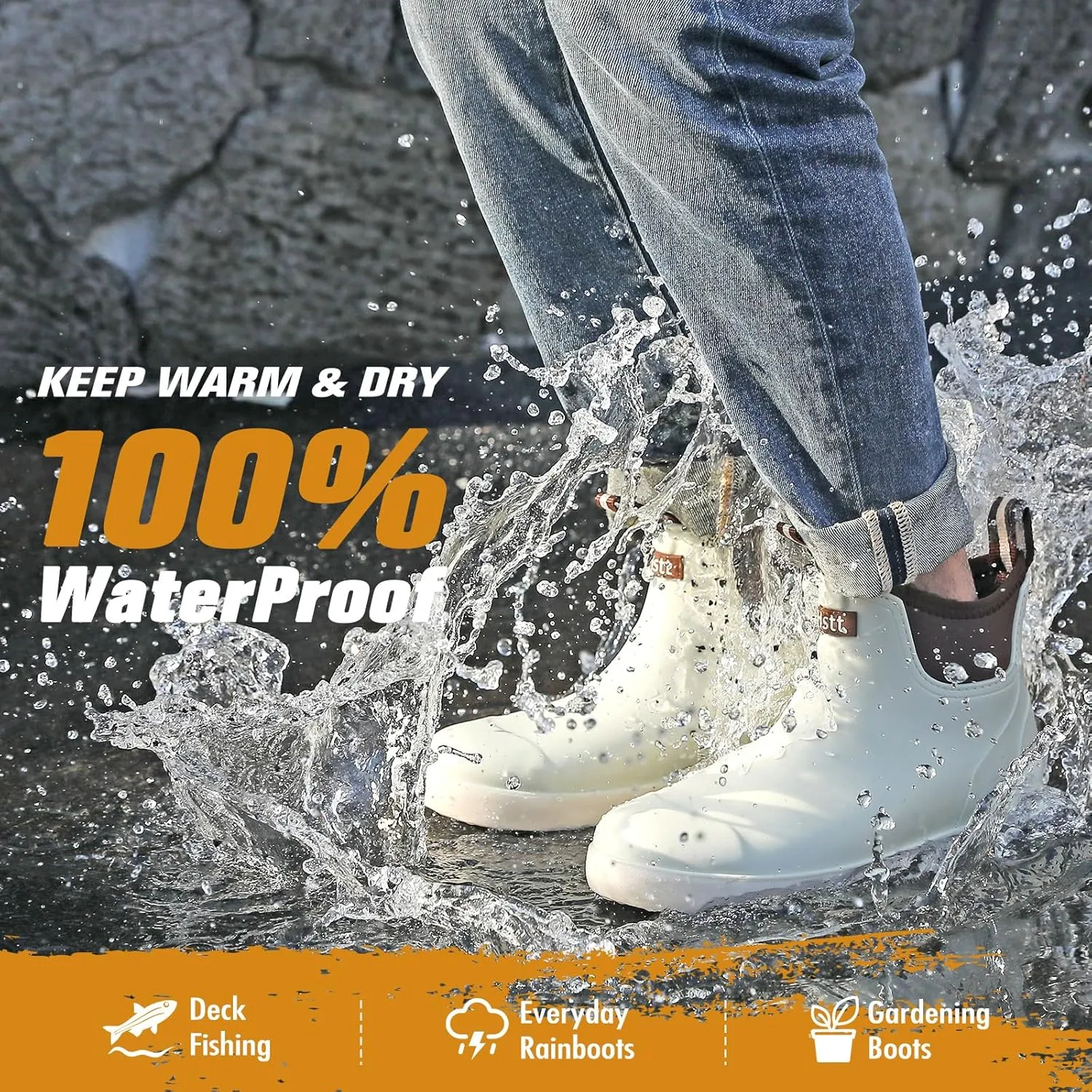 Mens Deck Boots, Deck Shoes Waterproof Rain Boots, Saltwater Fishing Ankle Boots, Non-Slip Rubber Garden Muck Boots for Gardening Boating Camping Sailing Fishing