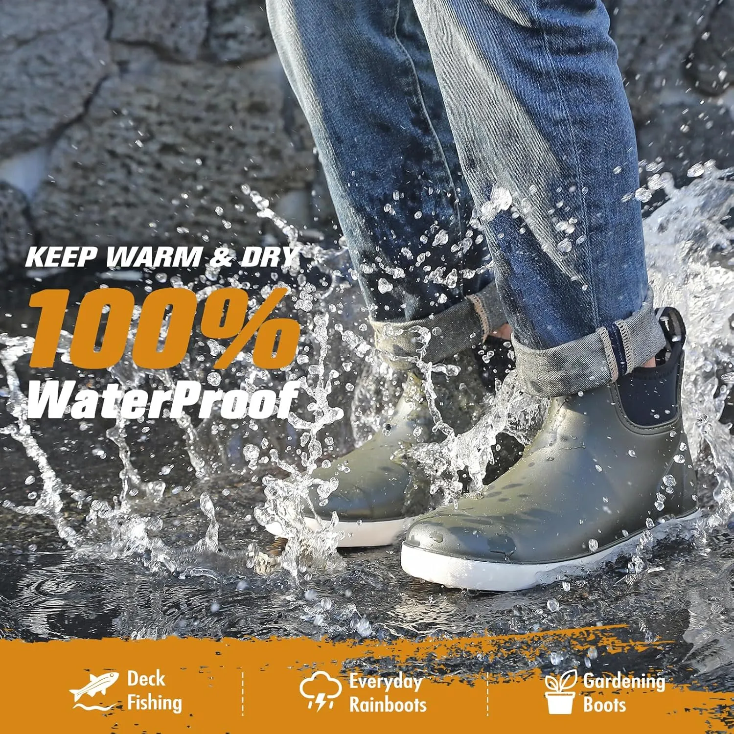Mens Deck Boots, Deck Shoes Waterproof Rain Boots, Saltwater Fishing Ankle Boots, Non-Slip Rubber Garden Muck Boots for Gardening Boating Camping Sailing Fishing