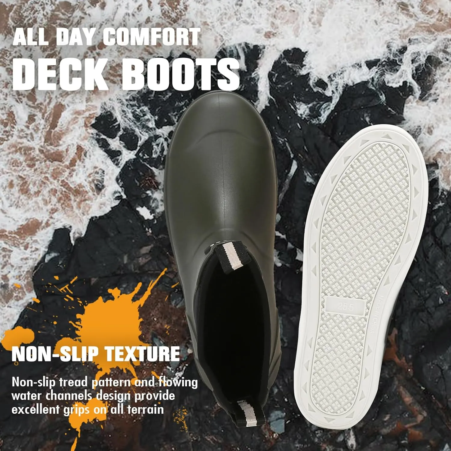 Mens Deck Boots, Deck Shoes Waterproof Rain Boots, Saltwater Fishing Ankle Boots, Non-Slip Rubber Garden Muck Boots for Gardening Boating Camping Sailing Fishing