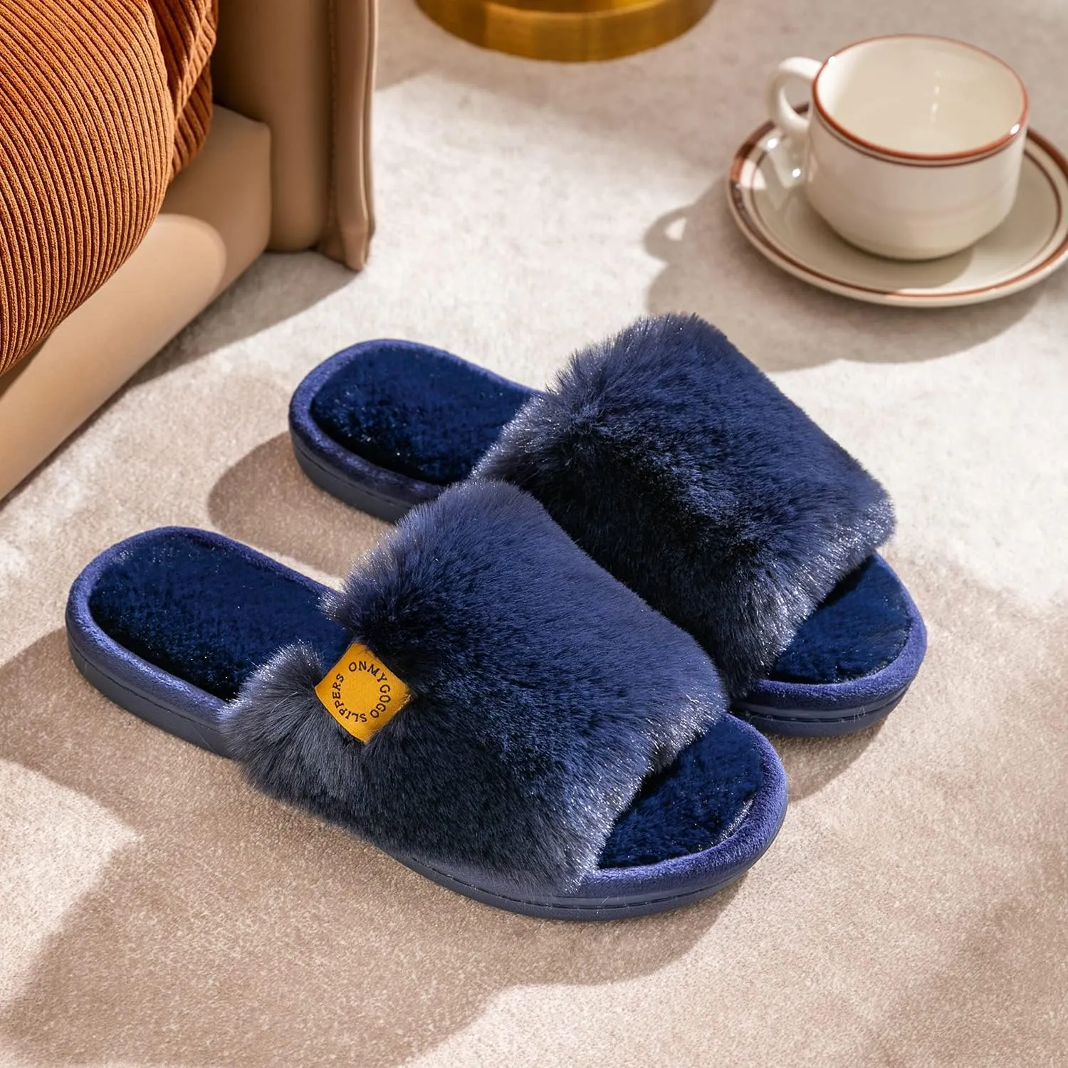 Onmygogo Indoor Slippers for Women Open Toe with Memory Foam, Soft Faux Fur Nonslip House Slippers