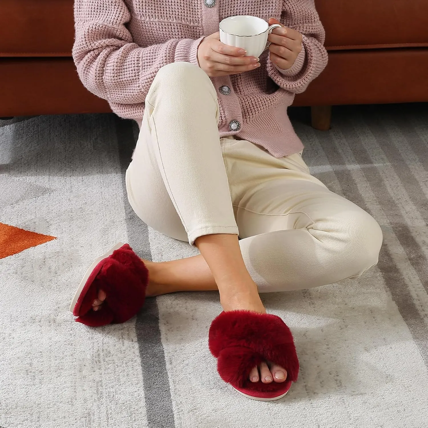 Parlovable Women's Fuzzy Slippers Comfy Cross Band House Shoes Memory Foam Open Toe Indoor Gifts for Ladies