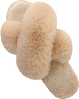Parlovable Women's Fuzzy Slippers Comfy Cross Band House Shoes Memory Foam Open Toe Indoor Gifts for Ladies
