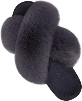 Parlovable Women's Fuzzy Slippers Comfy Cross Band House Shoes Memory Foam Open Toe Indoor Gifts for Ladies