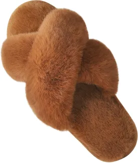 Parlovable Women's Fuzzy Slippers Comfy Cross Band House Shoes Memory Foam Open Toe Indoor Gifts for Ladies
