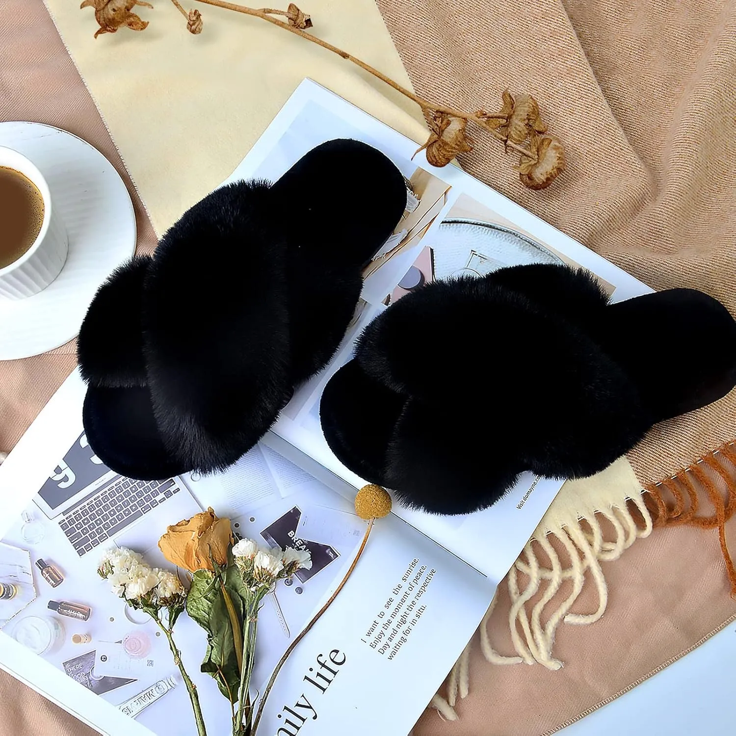 Parlovable Women's Fuzzy Slippers Comfy Cross Band House Shoes Memory Foam Open Toe Indoor Gifts for Ladies