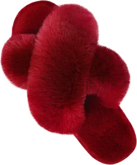 Parlovable Women's Fuzzy Slippers Comfy Cross Band House Shoes Memory Foam Open Toe Indoor Gifts for Ladies