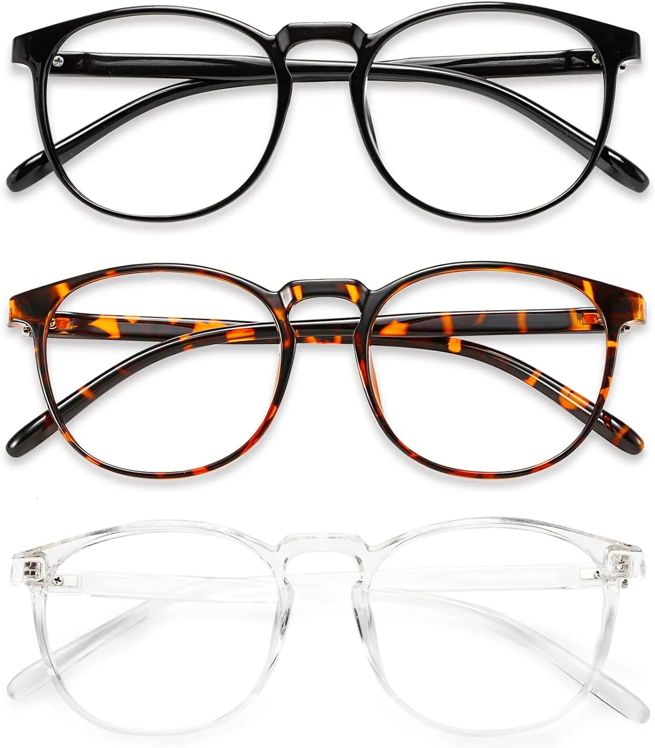 Przene 3 Pack Blue Light Blocking Glasses Women/Men,Retro Round Computer Glasses Anti Eye Strain/UV/Glare, Gaming Glasses. (Black/Crystal/Amber)