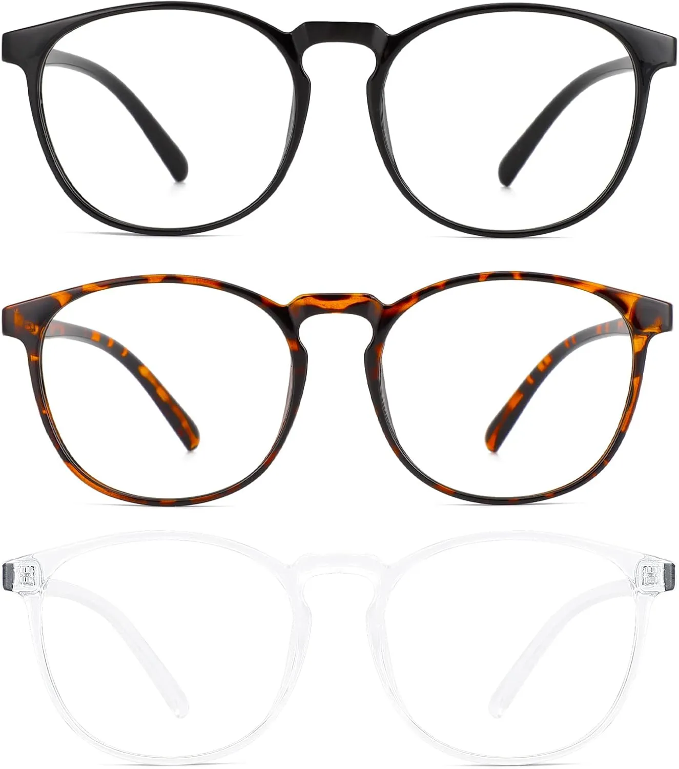 Przene 3 Pack Blue Light Blocking Glasses Women/Men,Retro Round Computer Glasses Anti Eye Strain/UV/Glare, Gaming Glasses. (Black/Crystal/Amber)