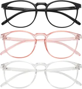 Przene 3 Pack Blue Light Blocking Glasses Women/Men,Retro Round Computer Glasses Anti Eye Strain/UV/Glare, Gaming Glasses. (Black/Crystal/Pink)