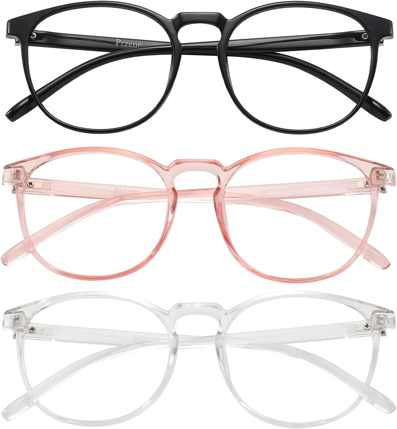 Przene 3 Pack Blue Light Blocking Glasses Women/Men,Retro Round Computer Glasses Anti Eye Strain/UV/Glare, Gaming Glasses. (Black/Crystal/Pink)