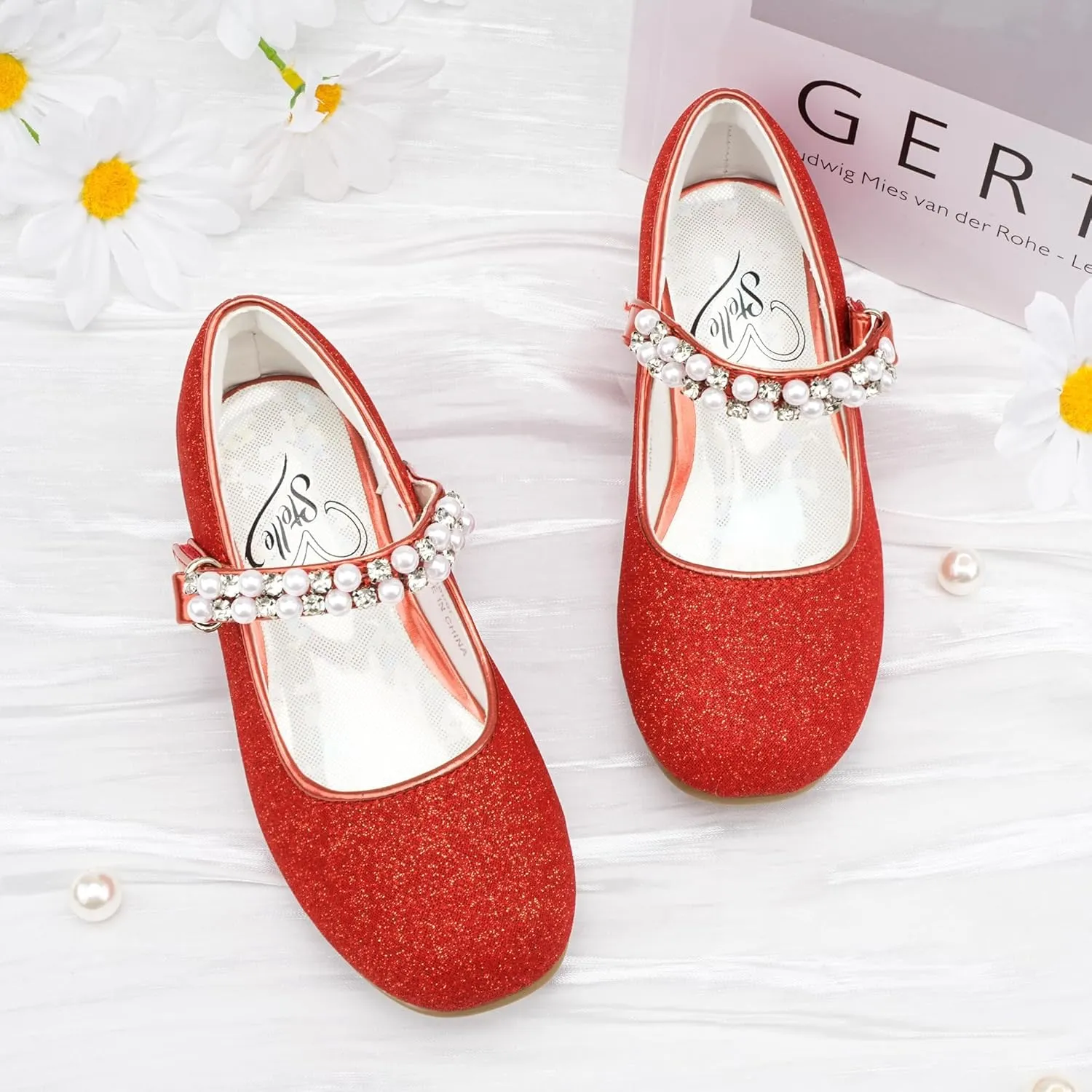 Stelle Girls Dress Shoes White Flower Girl Shoe Mary Jane Low Heels for Wedding (Toddler/Little/Big Kid)