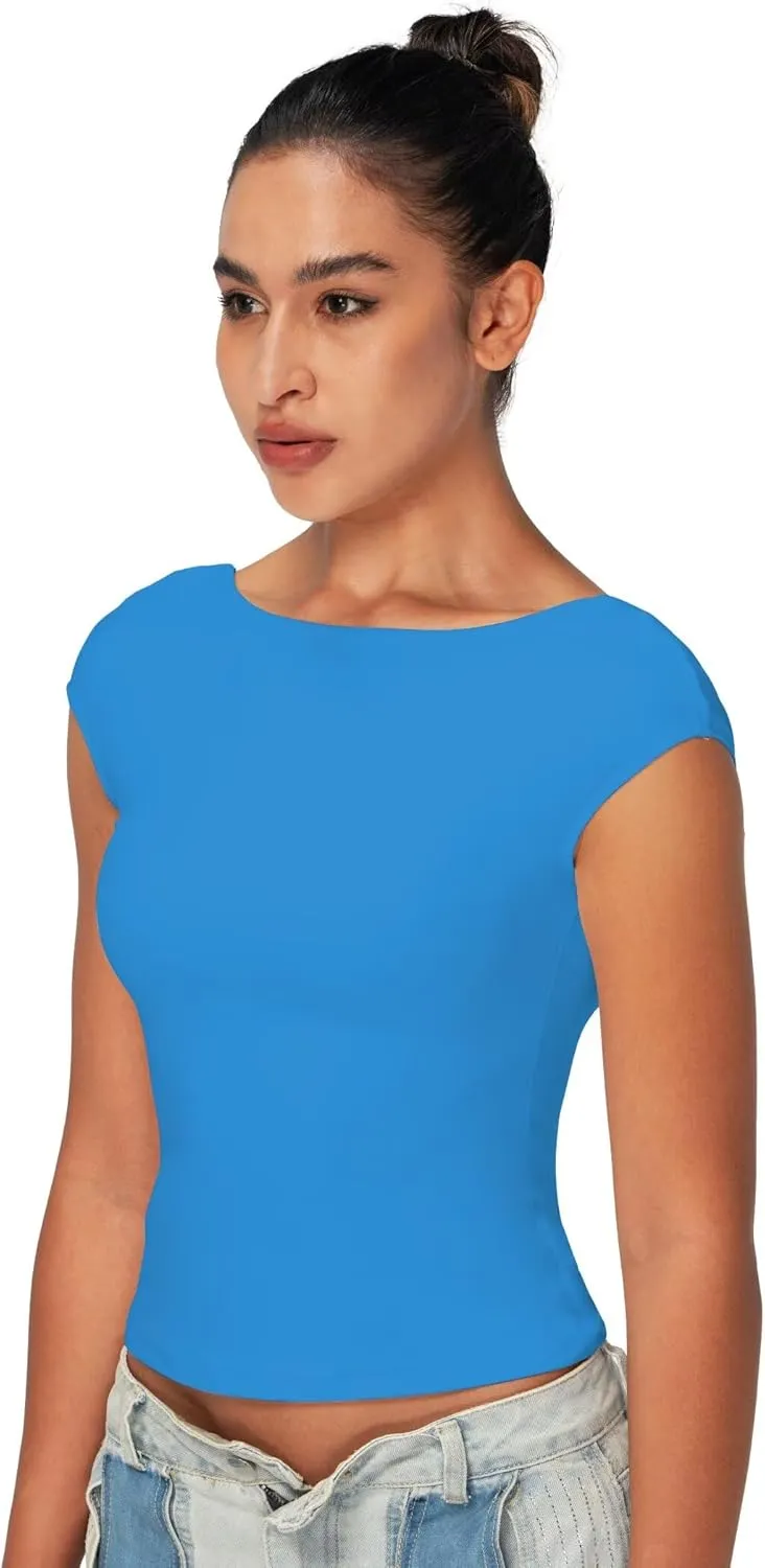 Sunzel Open Back Tops for Women Sexy Going Out Top Double Lined Backless Shirt Y2K Crop Basic Tee Shirts for Casual Workout