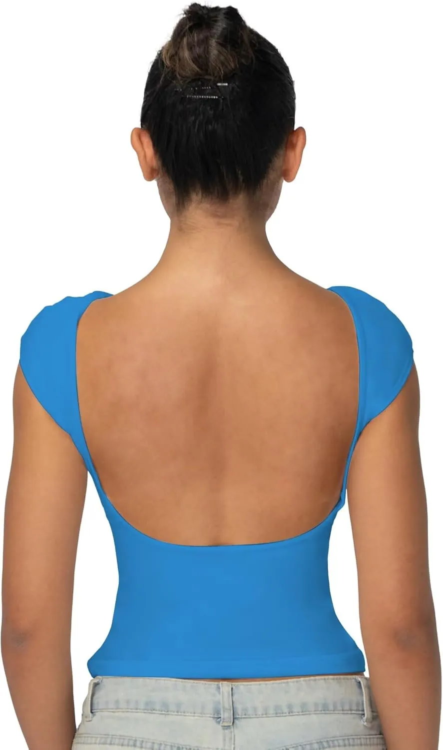 Sunzel Open Back Tops for Women Sexy Going Out Top Double Lined Backless Shirt Y2K Crop Basic Tee Shirts for Casual Workout