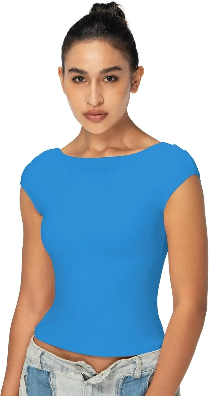 Sunzel Open Back Tops for Women Sexy Going Out Top Double Lined Backless Shirt Y2K Crop Basic Tee Shirts for Casual Workout