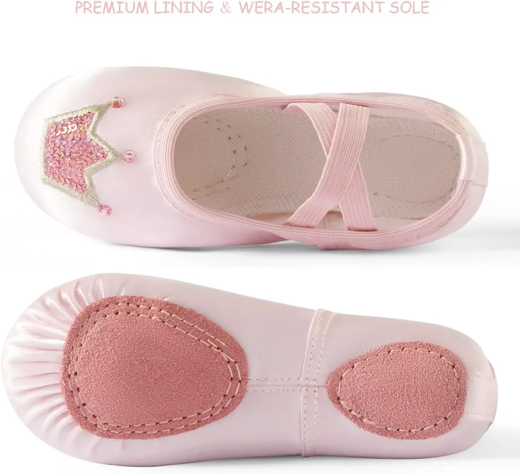 TRIPLE DEER Ballet Shoes for Girls, Satin Dance Practice Slippers Split Soft Leather Flat Sole Yoga Gymnastics Shoes (Toddler/Little/Big Kid)