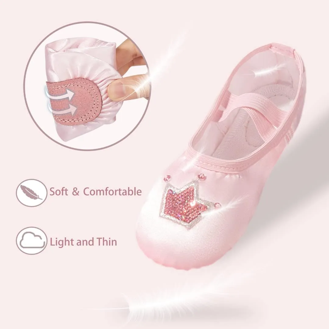 TRIPLE DEER Ballet Shoes for Girls, Satin Dance Practice Slippers Split Soft Leather Flat Sole Yoga Gymnastics Shoes (Toddler/Little/Big Kid)