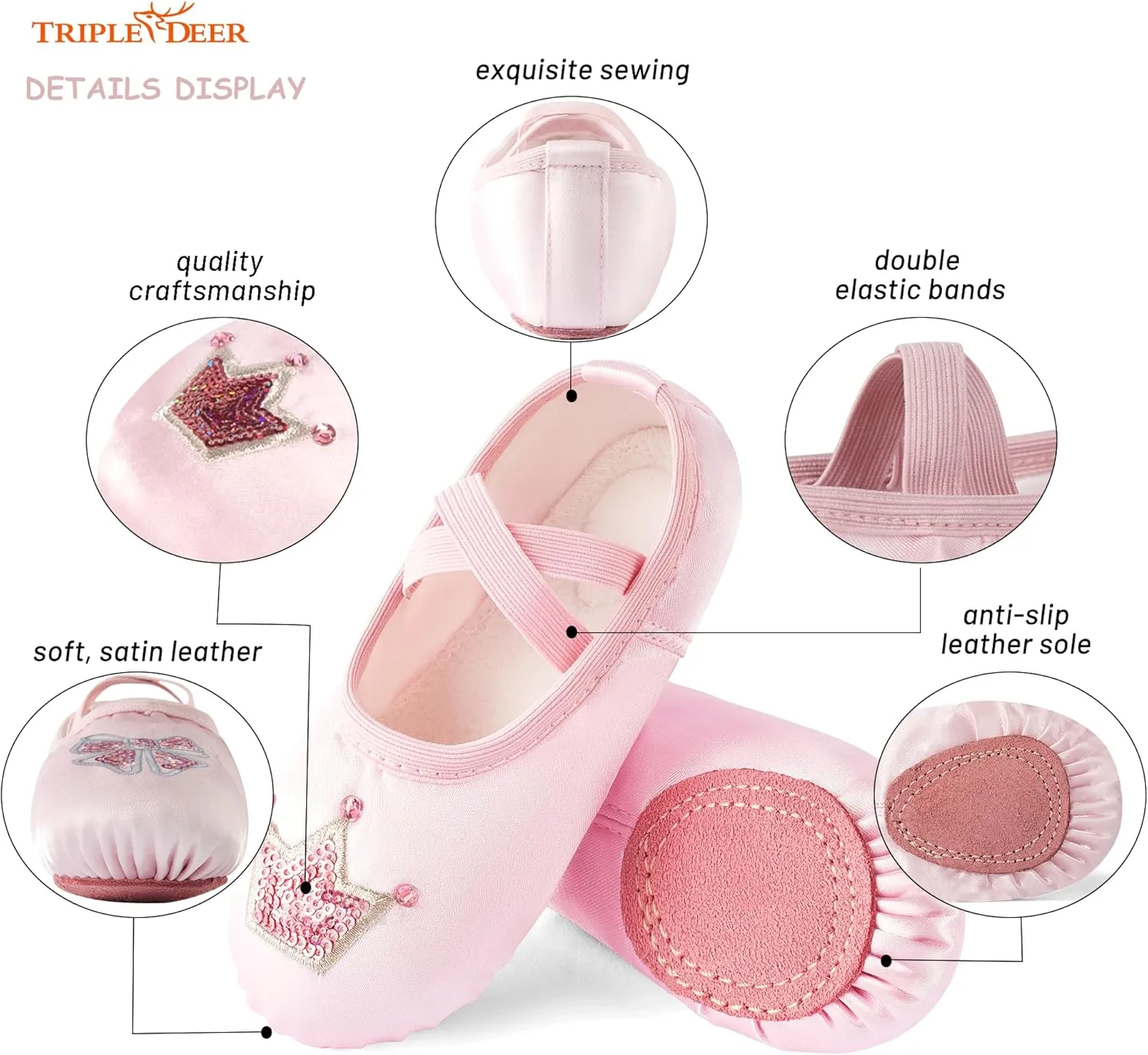 TRIPLE DEER Ballet Shoes for Girls, Satin Dance Practice Slippers Split Soft Leather Flat Sole Yoga Gymnastics Shoes (Toddler/Little/Big Kid)
