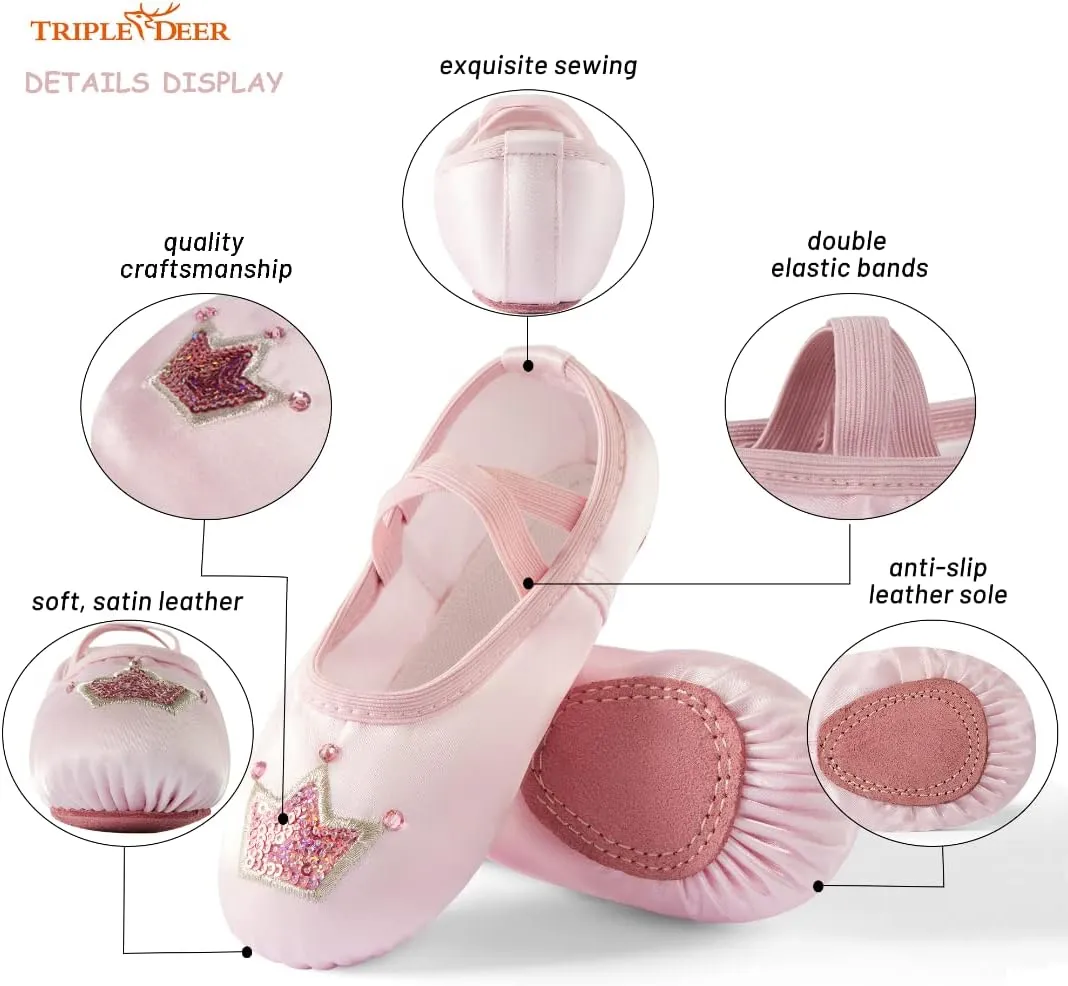 TRIPLE DEER Ballet Shoes for Girls, Satin Dance Practice Slippers Split Soft Leather Flat Sole Yoga Gymnastics Shoes (Toddler/Little/Big Kid)