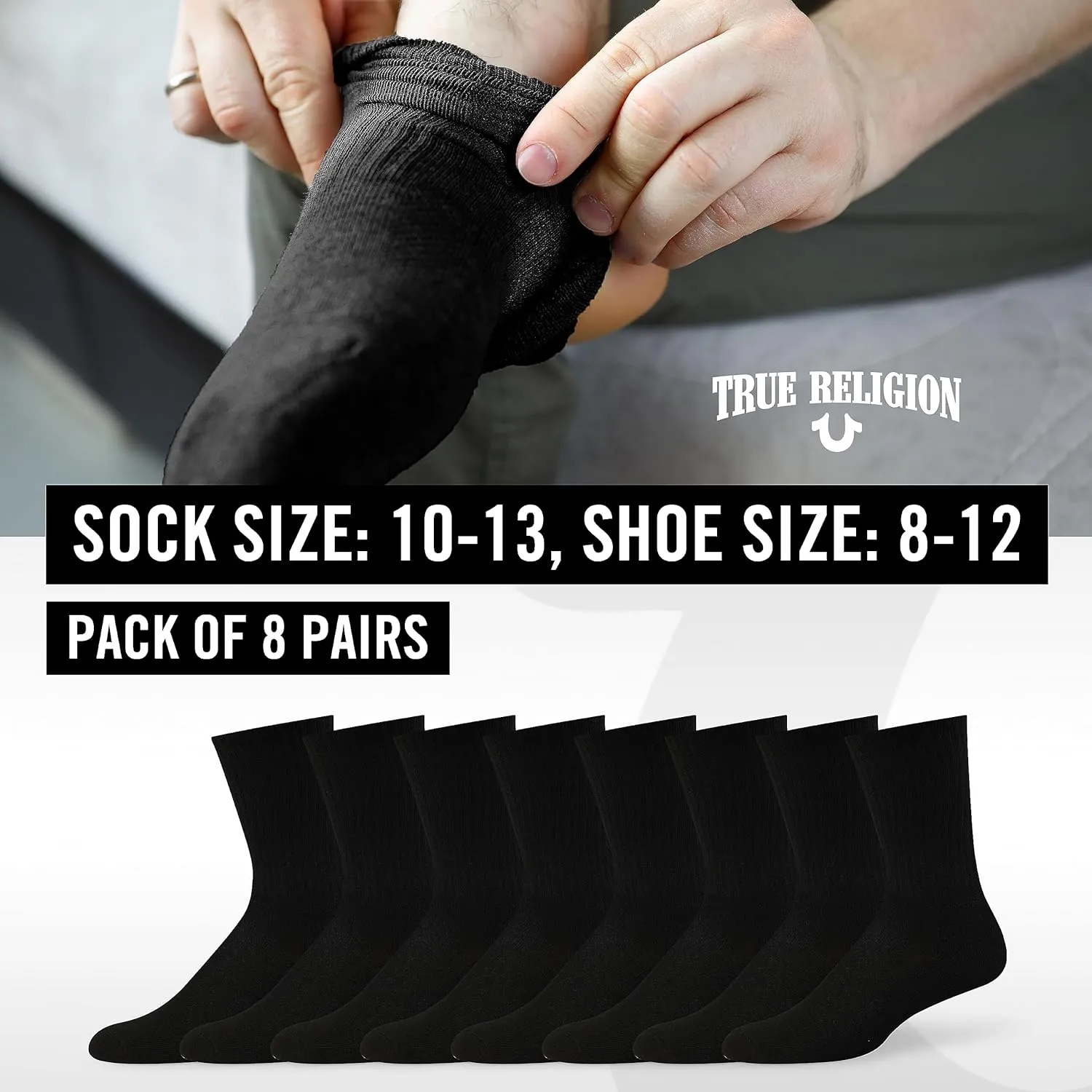 True Religion Mens 8 Pairs Crew Socks for Men Premium Athletic Men's Socks, Shoe Size 8-12