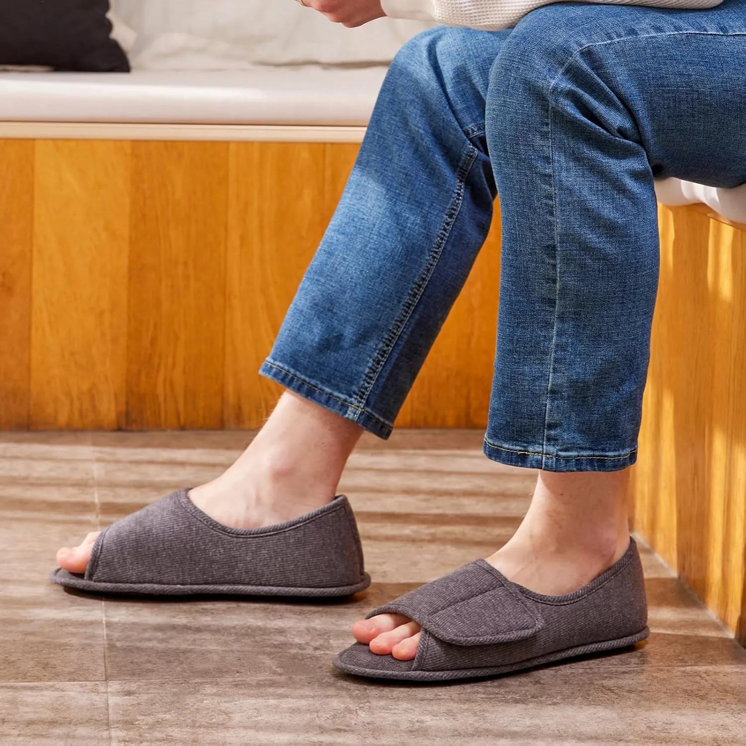 WALKFUN Men's and Women's Diabetic Shoes Open Toe Memory Foam Slippers Adjustable Closure Non-slip House Shoes