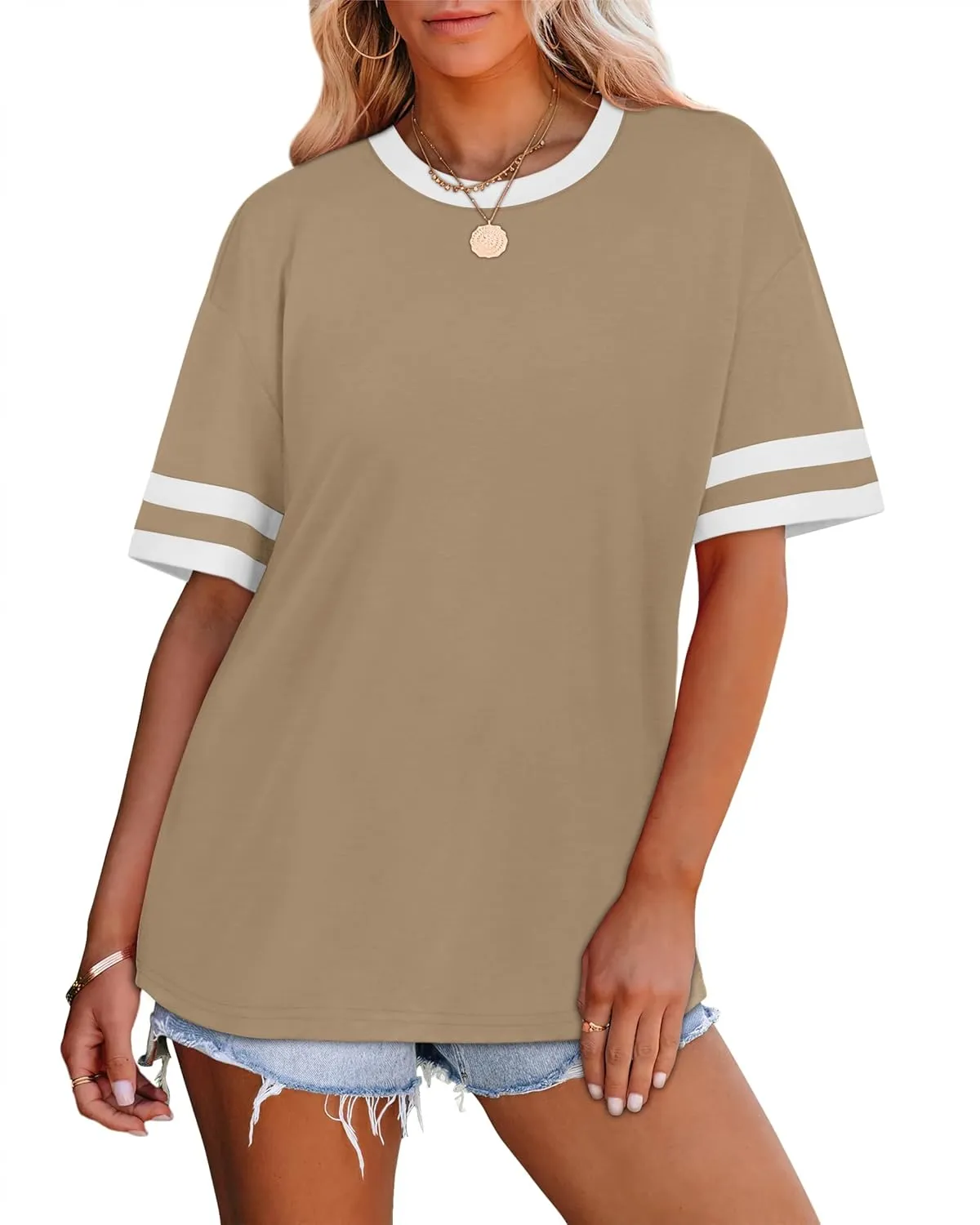 WIHOLL Womens T Shirts Loose Fit Short Sleeve Tees Crew Neck Color Block Summer Tops 2025 Fashion