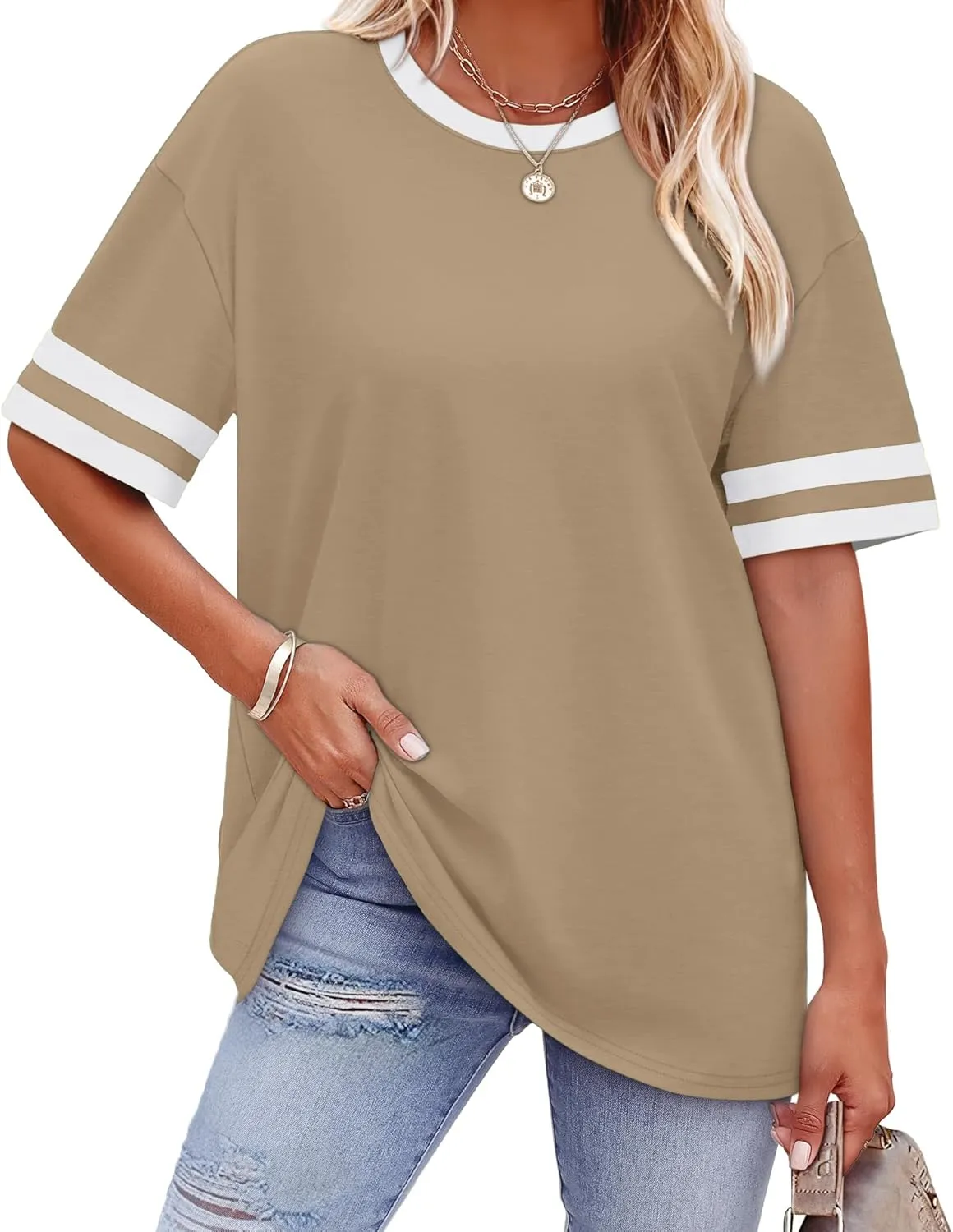 WIHOLL Womens T Shirts Loose Fit Short Sleeve Tees Crew Neck Color Block Summer Tops 2025 Fashion