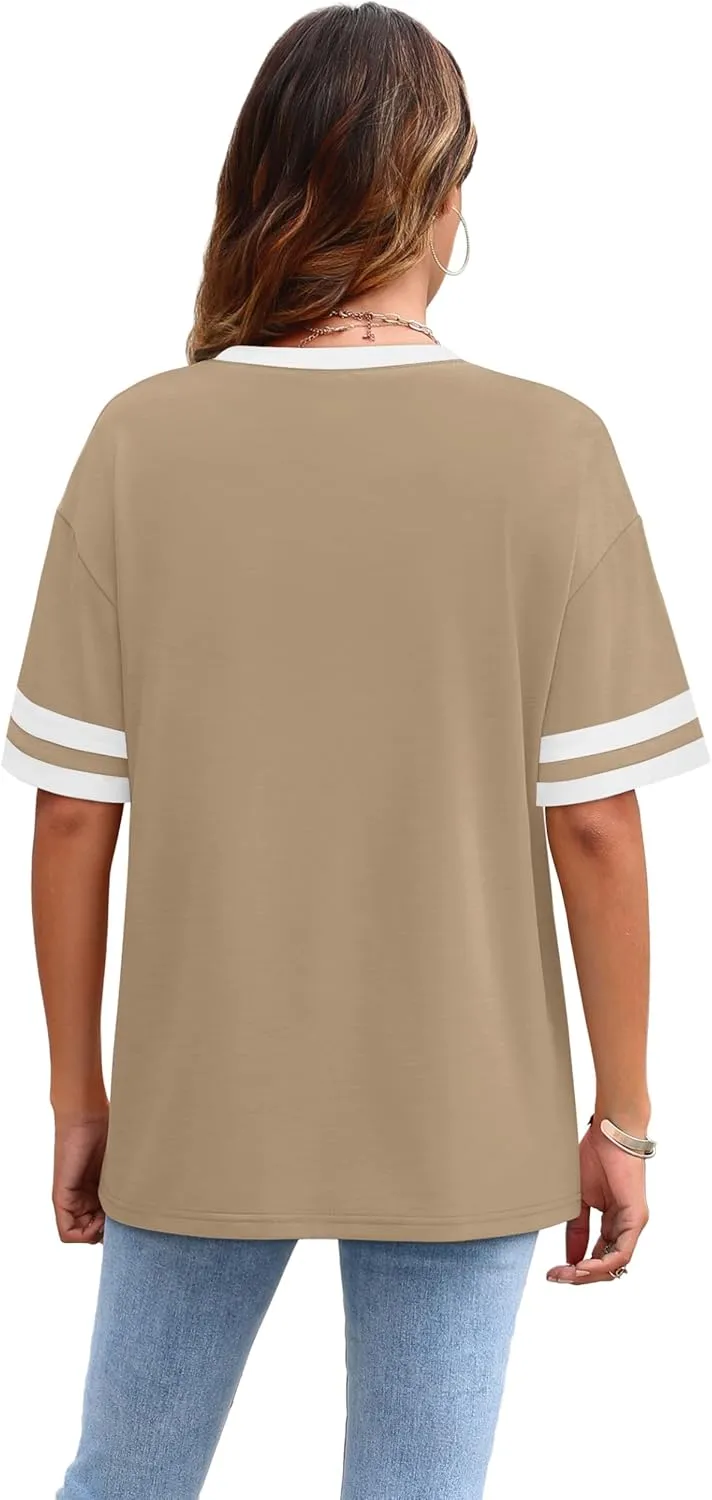 WIHOLL Womens T Shirts Loose Fit Short Sleeve Tees Crew Neck Color Block Summer Tops 2025 Fashion