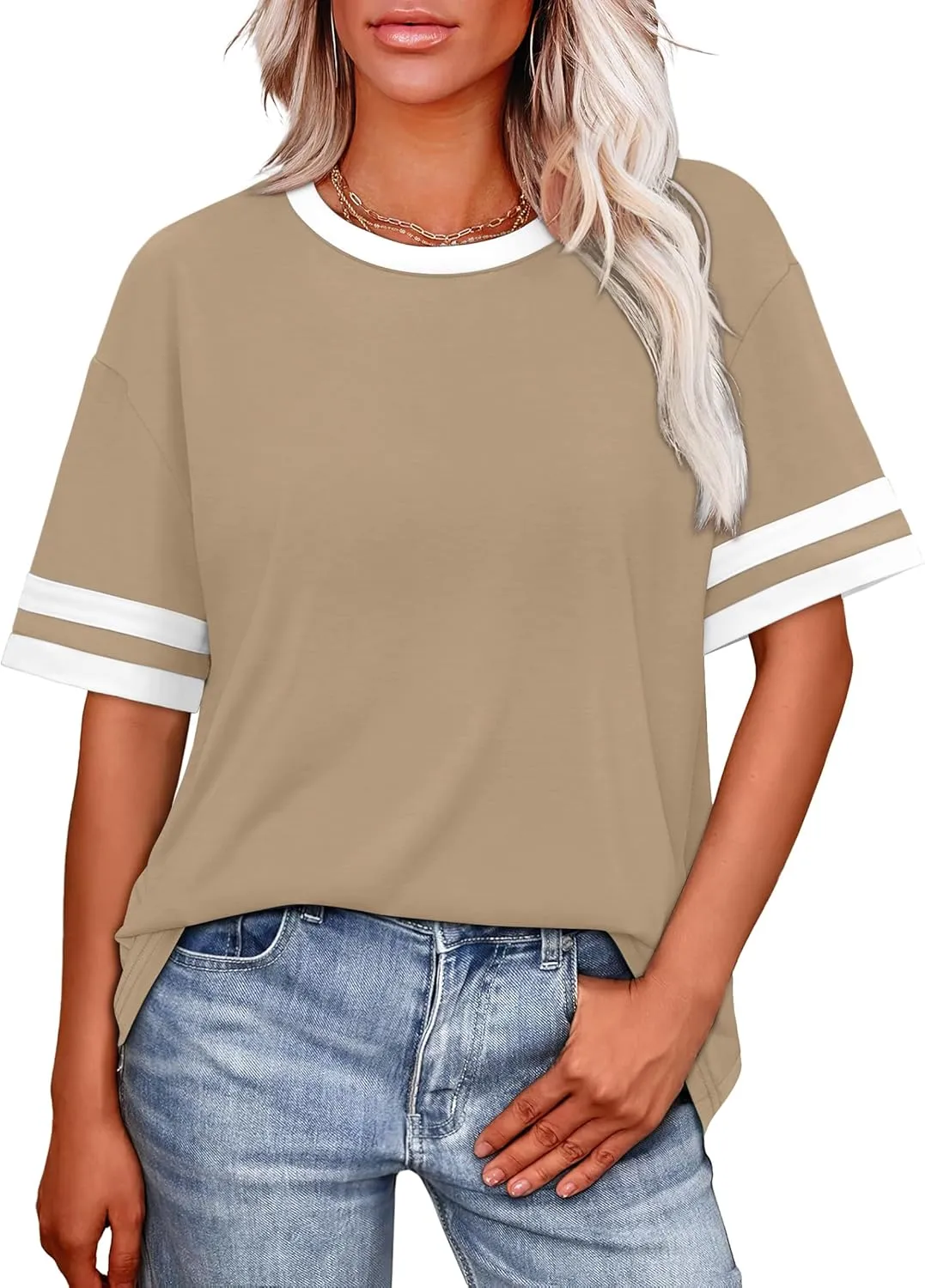 WIHOLL Womens T Shirts Loose Fit Short Sleeve Tees Crew Neck Color Block Summer Tops 2025 Fashion