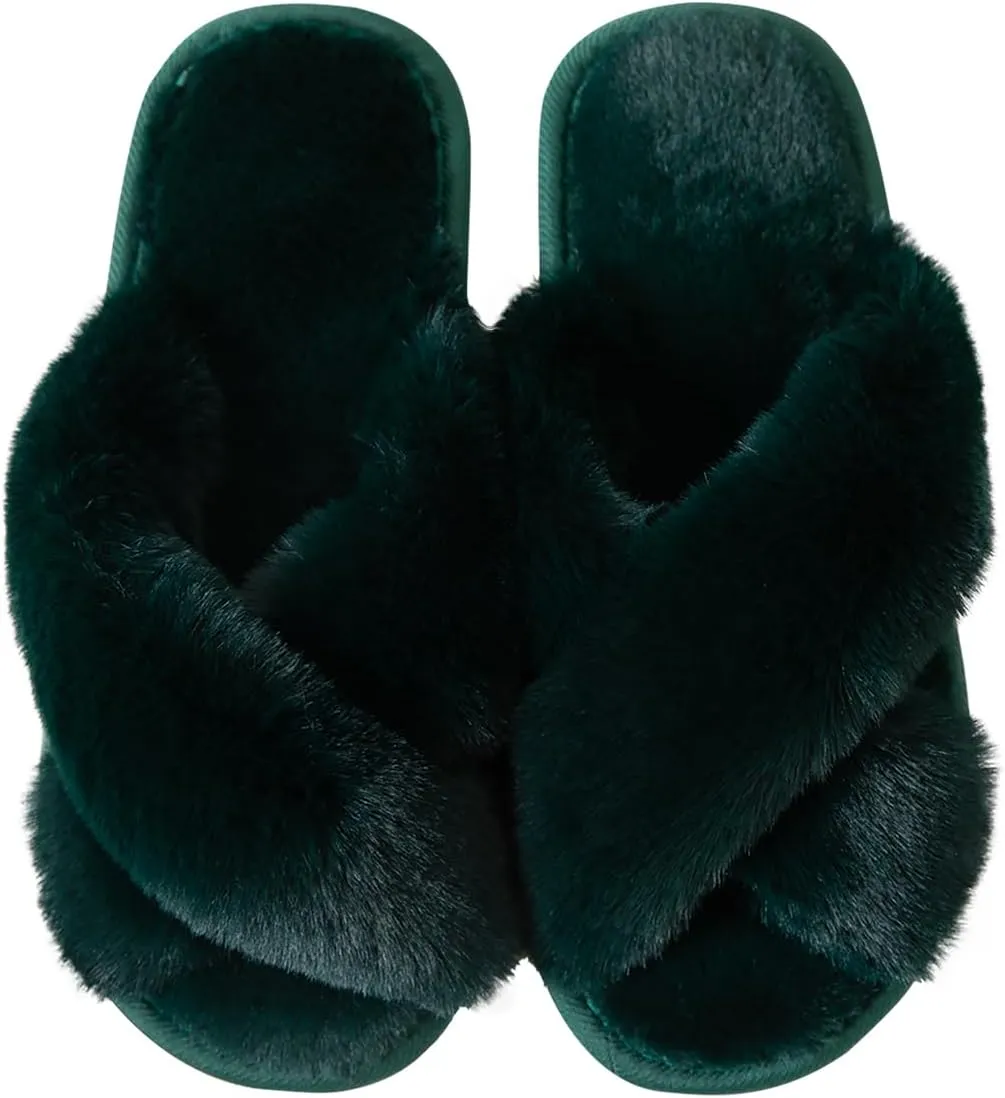Women's Cross Band Fuzzy Slippers Fluffy Open Toe House Slippers