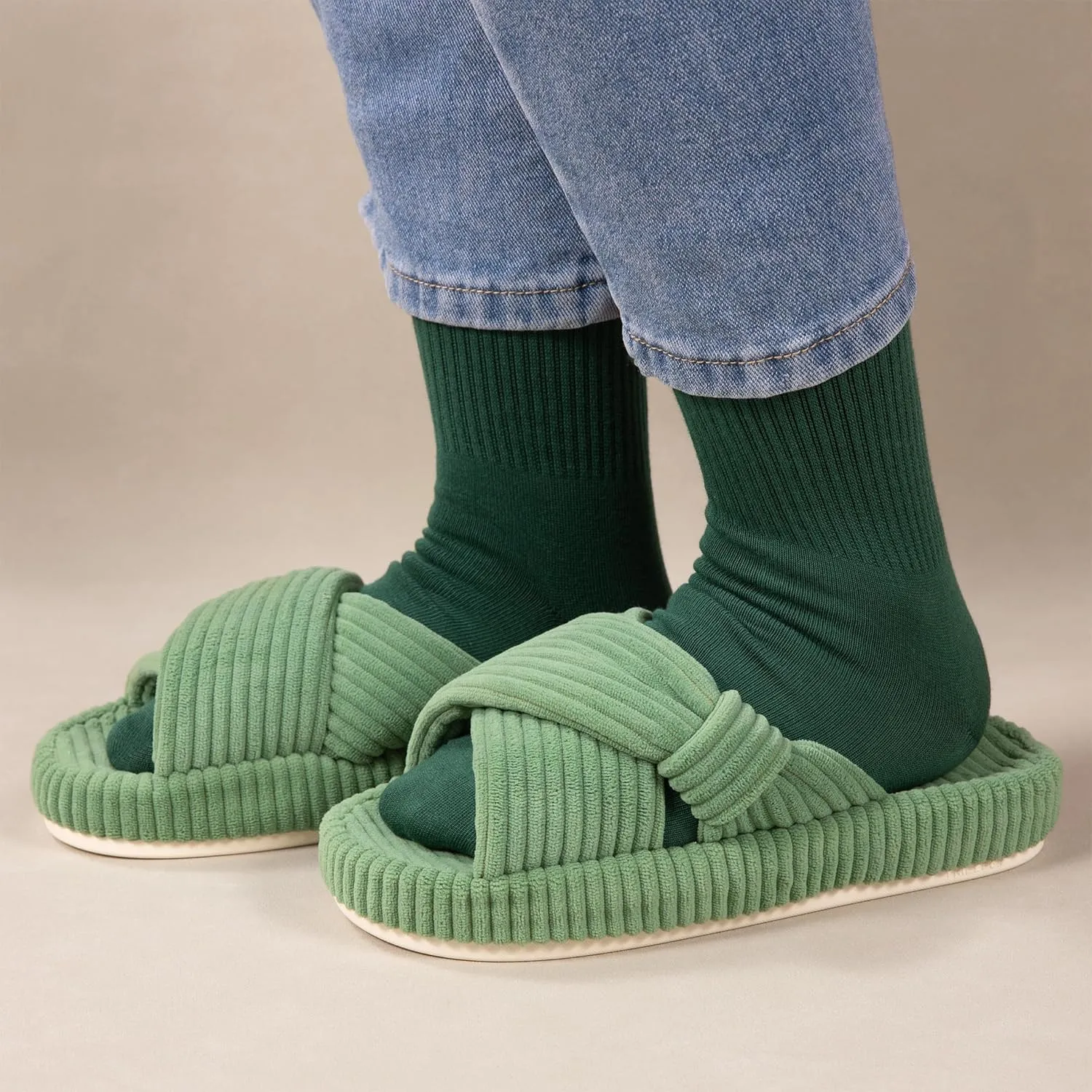 Women's House Slippers Corduroy Indoor Slippers Memory Foam Bedroom Open Toe Slippers Cross Band House Shoes