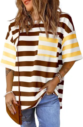 Womens Oversized Color Block Striped Tshirts Summer Casual Short Sleeve Tops Loose Fit Crew Neck Shirts